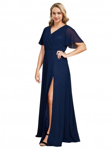 Outlet Short Flutter Sleeves Soft Chiffon A-Line Dark Navy Plus Size Evening Dress Canada