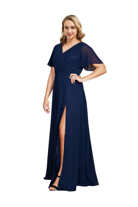 Outlet Short Flutter Sleeves Soft Chiffon A-Line Dark Navy Plus Size Evening Dress Canada