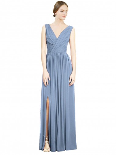 Outlet Sleeveless Soft Chiffon A-Line Dusty Blue Maxi Evening Dress Canada