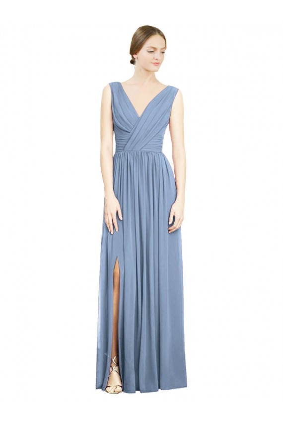 Outlet Sleeveless Soft Chiffon A-Line Dusty Blue Maxi Evening Dress Canada