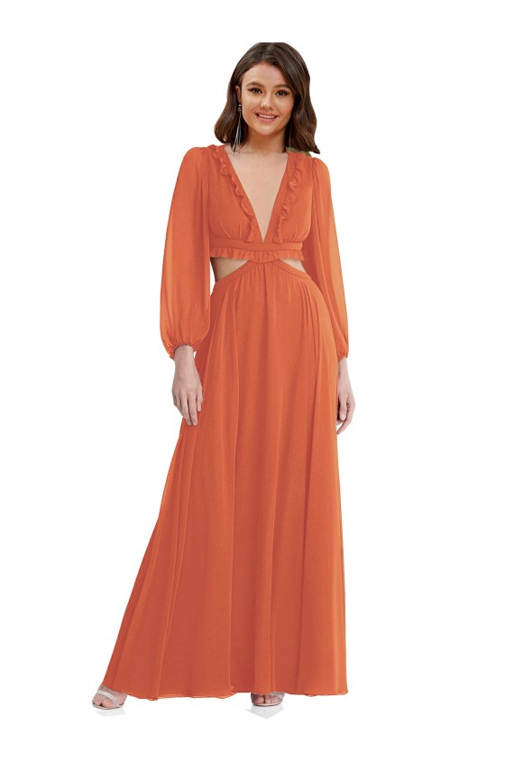 Outlet Long Sleeves Soft Chiffon Open Back A-Line Firecracker Maxi Evening Dress Canada
