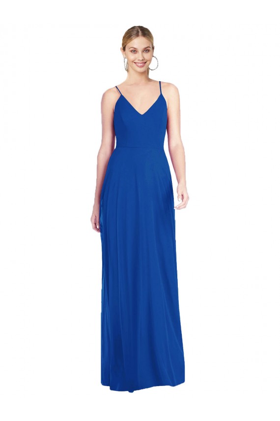 Outlet Sleeveless Soft Chiffon Criss Cross Back A-Line Royal Blue Maxi Evening Dress Canada