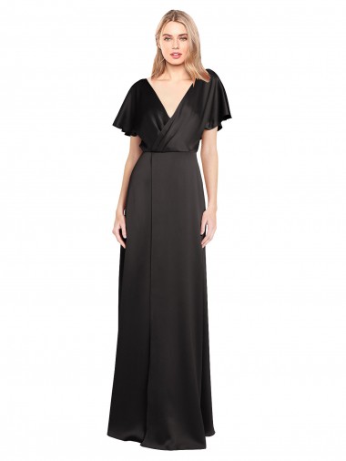 Outlet Cap Sleeves Stretch Satin Open Back A-Line Black Evening Dress Canada