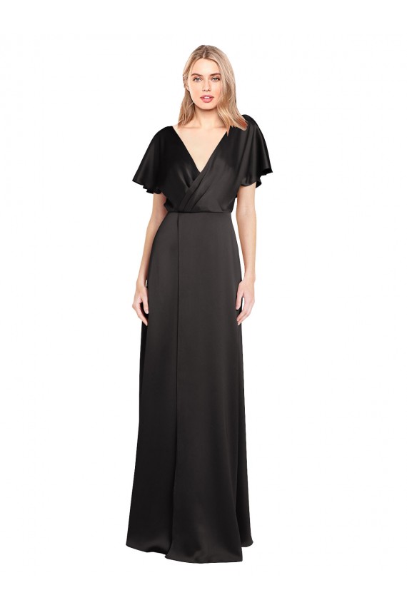 Outlet Cap Sleeves Stretch Satin Open Back A-Line Black Evening Dress Canada