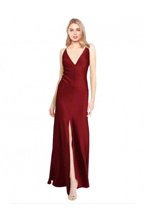 Outlet Sleeveless Stretch Satin V-Back A-Line Burgundy Evening Dresses Canada