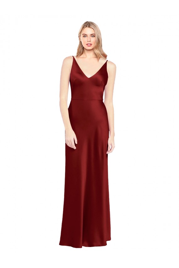 Outlet Sleeveless Stretch Satin V-Back A-Line Burgundy Evening Dress Canada