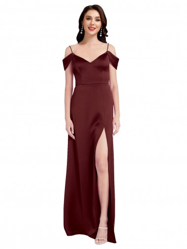 Outlet Sleeveless Stretch Satin A-Line Burgundy Gold Evening Gown Canada