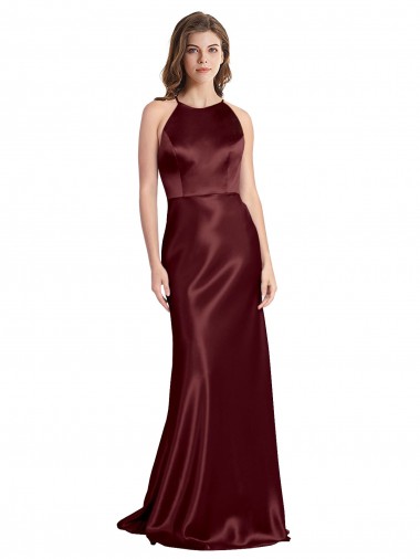Outlet Sleeveless Stretch Satin A-Line Burgundy Gold Evening Dress Canada