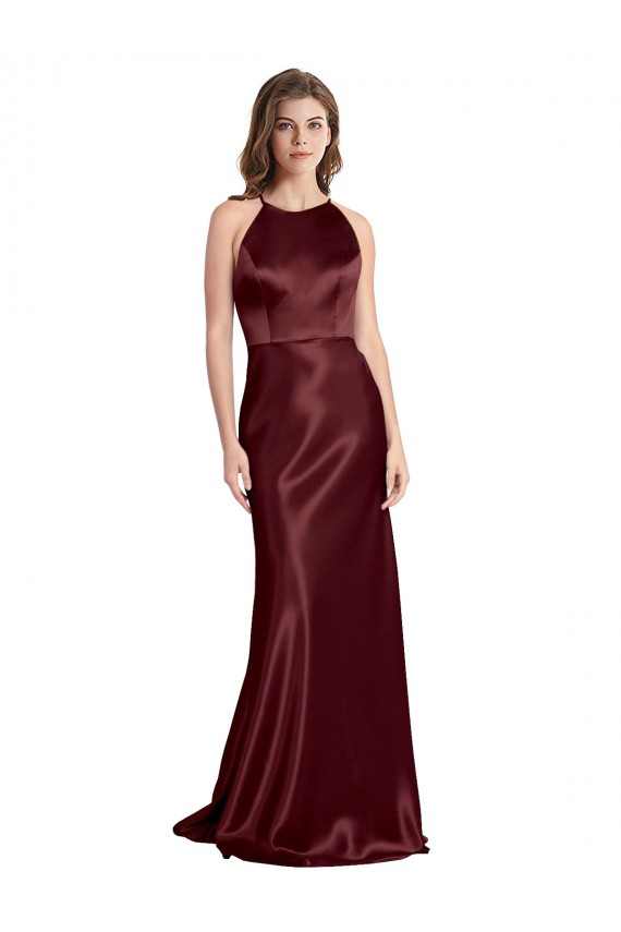 Outlet Sleeveless Stretch Satin A-Line Burgundy Gold Evening Dress Canada