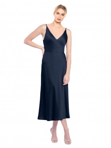 Outlet Sleeveless Stretch Satin V-Back A-Line Dark Navy Evening Dress Canada