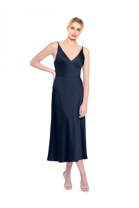 Outlet Sleeveless Stretch Satin V-Back A-Line Dark Navy Evening Dress Canada