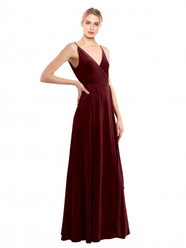 Outlet Sleeveless Stretch Velvet V-Back A-Line Burgundy Evening Dress Canada