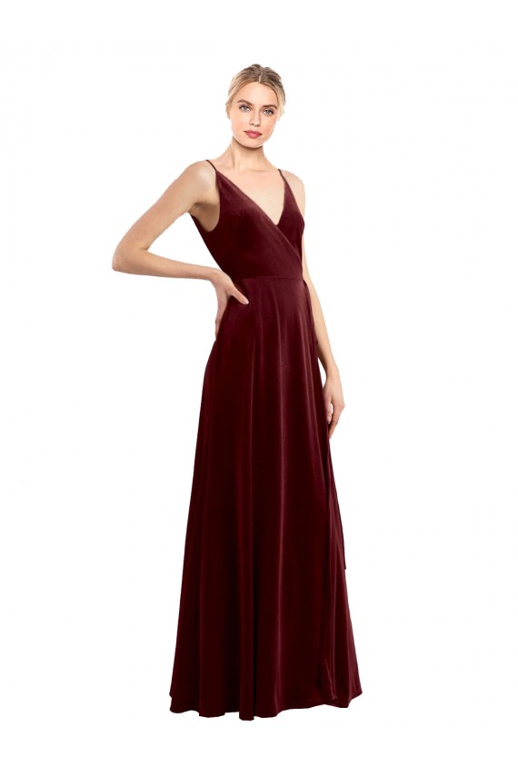 Outlet Sleeveless Stretch Velvet V-Back A-Line Burgundy Evening Dress Canada