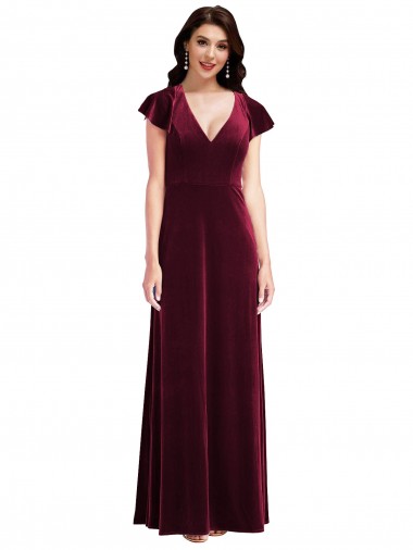 Outlet Flutter Sleeve Stretch Velvet A-Line Burgundy Maxi Evening Dress Canada
