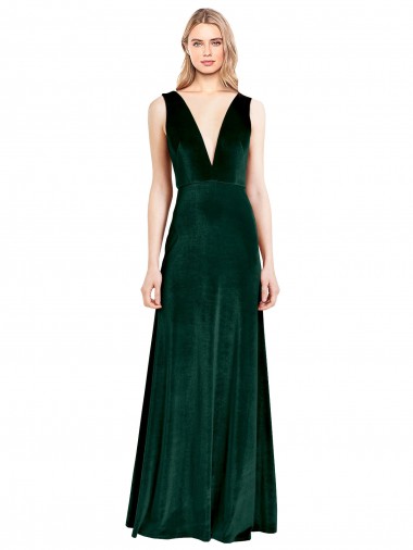 Outlet Sleeveless Stretch Velvet V-Back A-Line Dark Green Evening Dress Canada