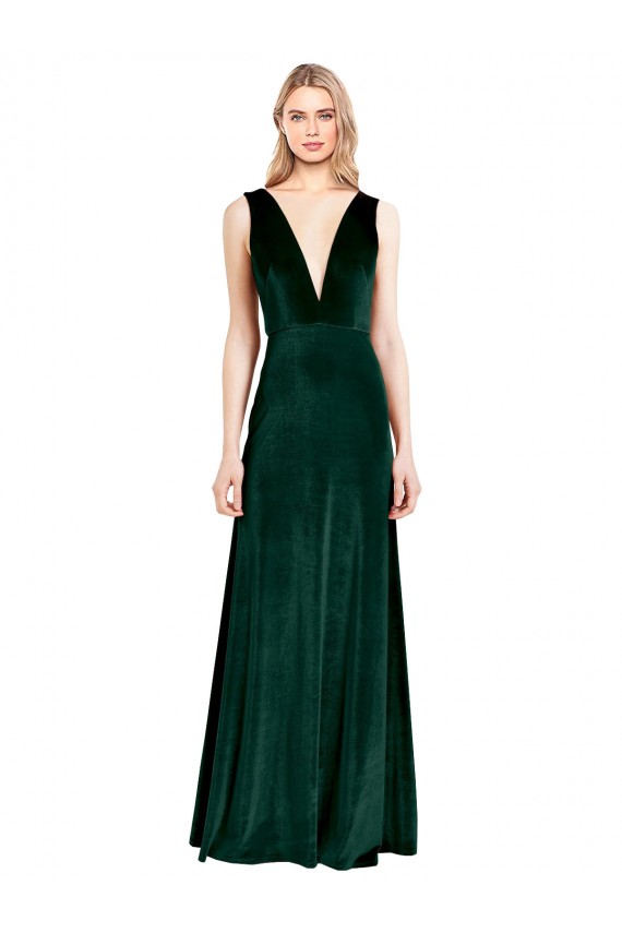 Outlet Sleeveless Stretch Velvet V-Back A-Line Dark Green Evening Dress Canada