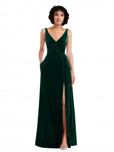 Outlet Sleeveless Stretch Velvet V-Back A-Line Dark Green Maxi Evening Dress Canada