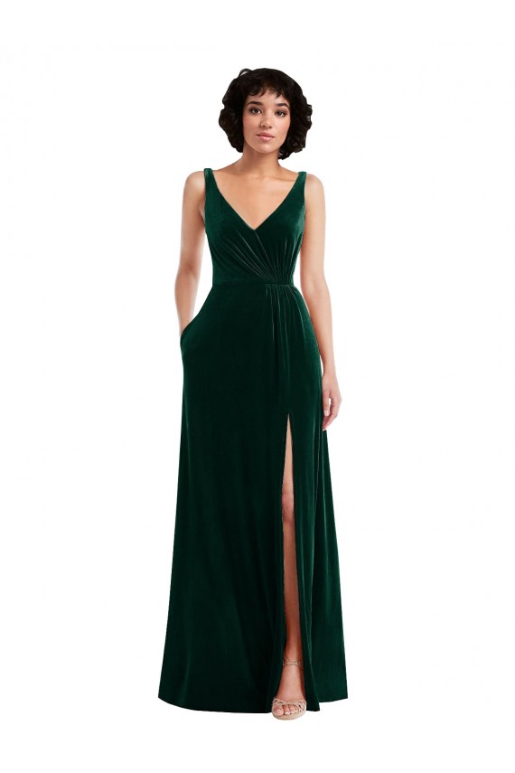 Outlet Sleeveless Stretch Velvet V-Back A-Line Dark Green Maxi Evening Dress Canada