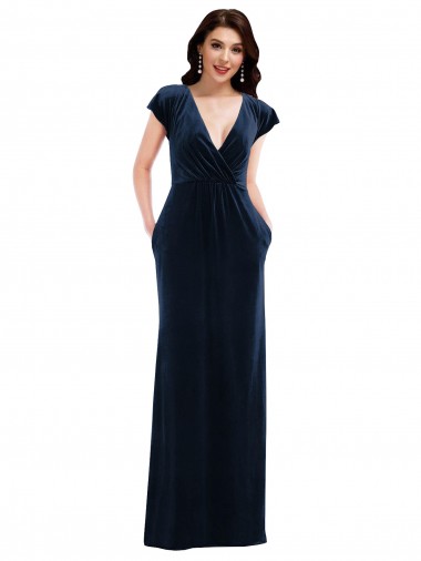 Outlet Flutter Sleeves Stretch Velvet A-Line Dark Navy Maxi Evening Dress Canada