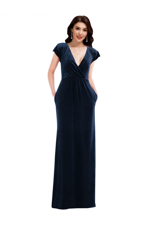 Outlet Flutter Sleeves Stretch Velvet A-Line Dark Navy Maxi Evening Dress Canada