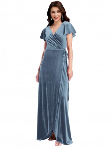 Outlet Flutter Sleeves Stretch Velvet A-Line Dusty Blue Maxi Evening Dress Canada