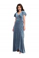 Outlet Flutter Sleeves Stretch Velvet A-Line Dusty Blue Maxi Evening Dress Canada