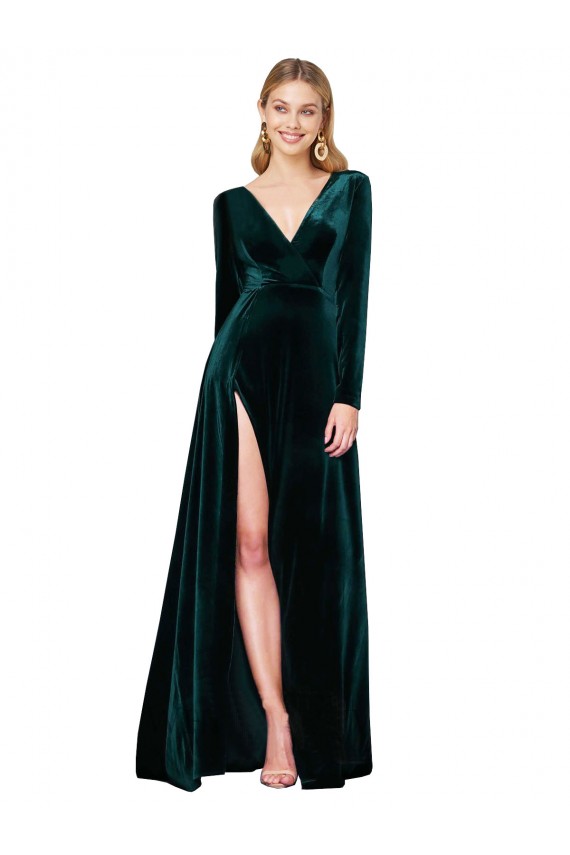 Outlet Long Sleeves Stretch Velvet A-Line Dark Green Evening Dress Canada