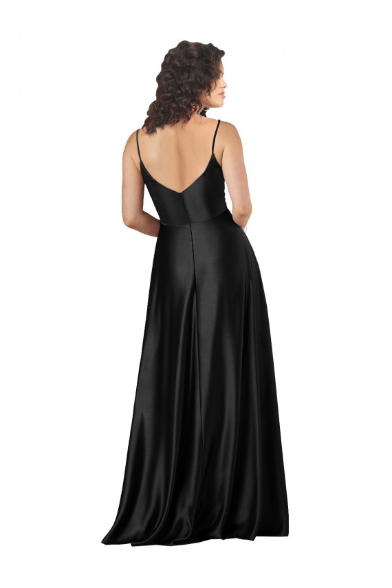 Outlet Sleeveless Silky Satin Low Back A-Line Black V-Neck Evening Dress Canada