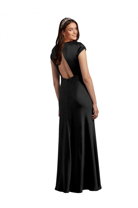 Outlet Cap Sleeves Stretch Satin Keyhole Back A-Line Black Evening Dress Canada