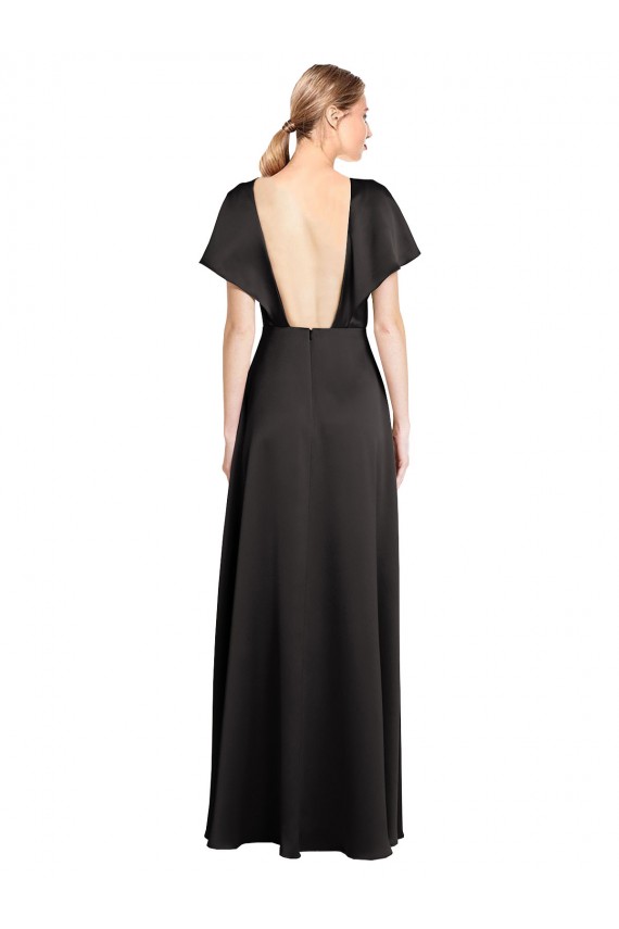 Outlet Cap Sleeves Stretch Satin Open Back A-Line Black Evening Dress Canada