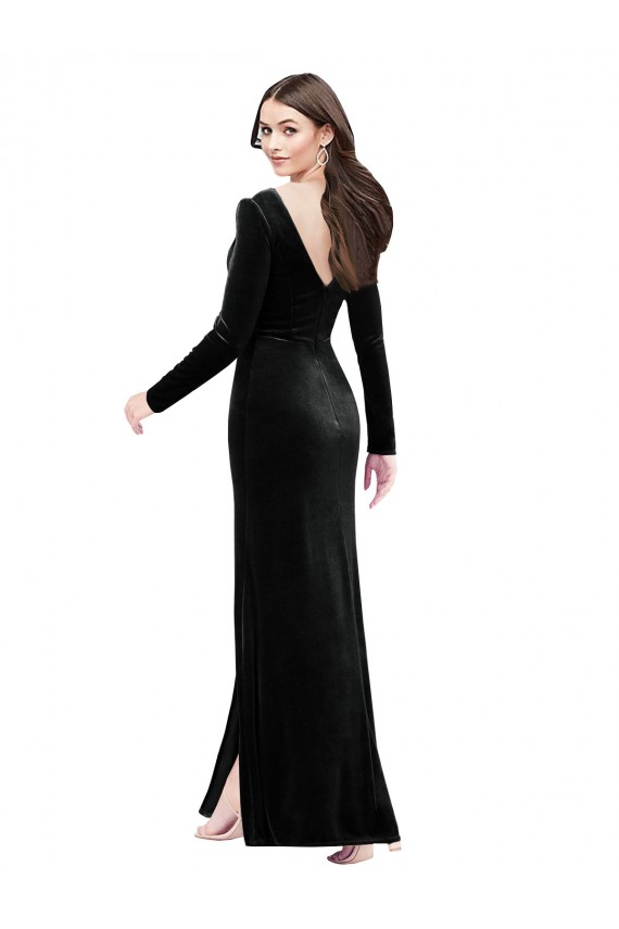 Outlet Long Sleeves Stretch Velvet V-Back Column Black Evening Dress Canada