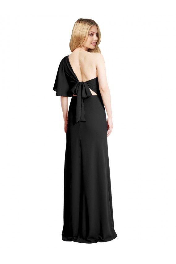 Outlet Flutter Sleeve Stretch Crepe Sheath Black Evening Dress Canada
