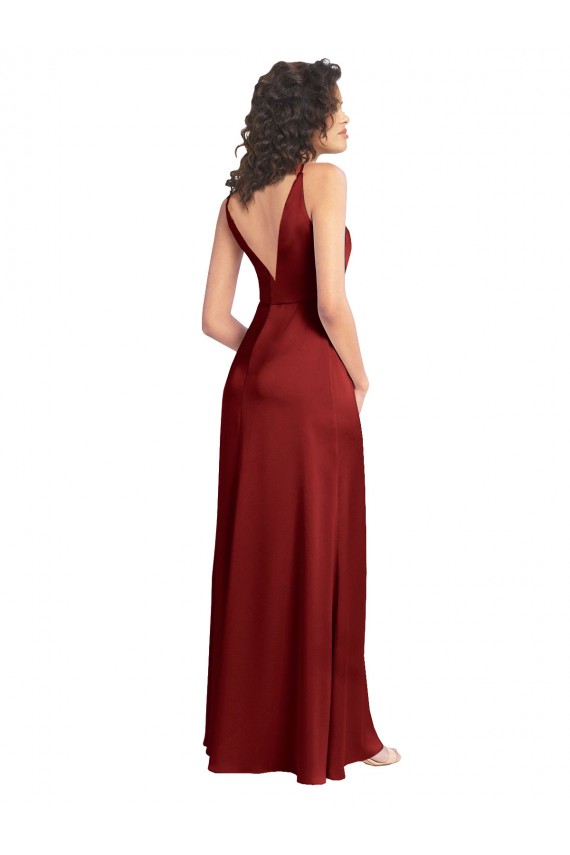 Outlet Sleeveless Stretch Satin V-Back A-Line Burgundy Evening Gown Canada