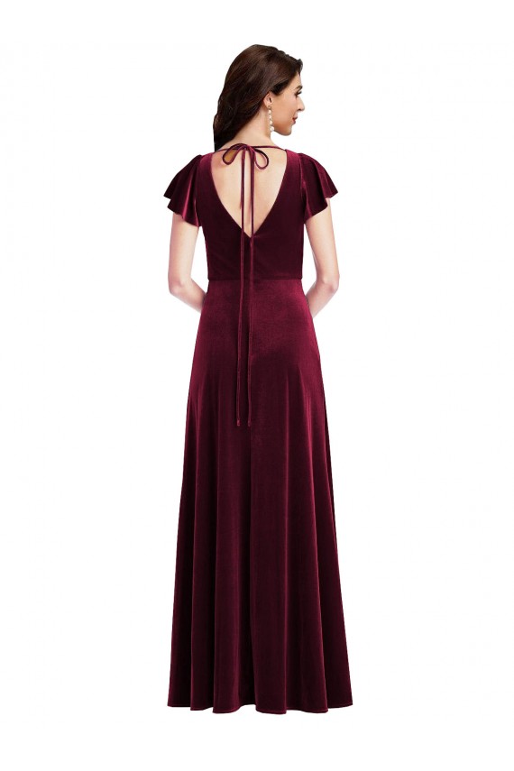 Outlet Flutter Sleeve Stretch Velvet A-Line Burgundy Maxi Evening Dress Canada
