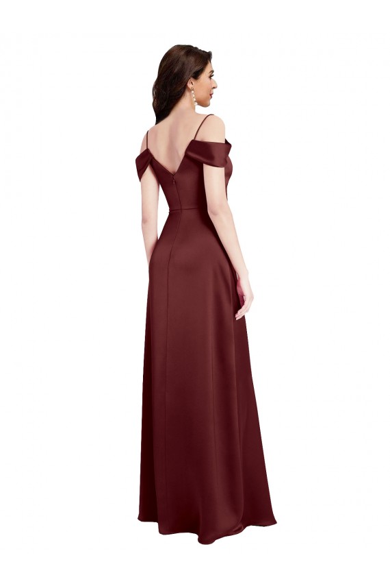 Outlet Sleeveless Stretch Satin A-Line Burgundy Gold Evening Gown Canada