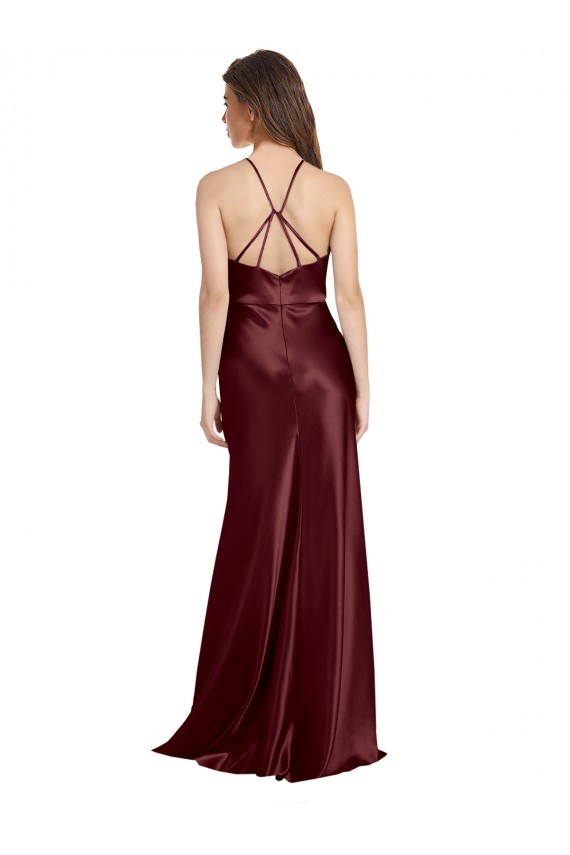 Outlet Sleeveless Stretch Satin A-Line Burgundy Gold Evening Dress Canada