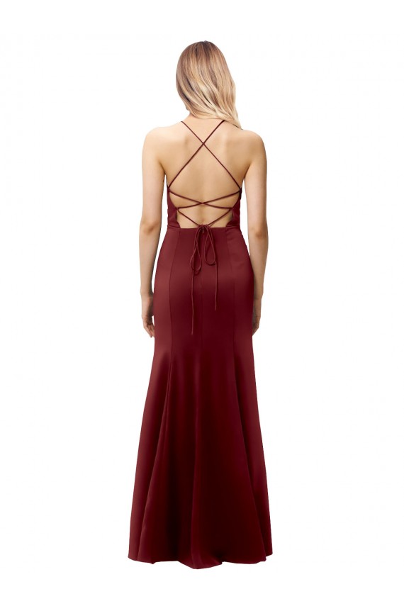 Outlet Sleeveless Stretch Crepe Criss Cross Back Mermaid Burgundy Gold Evening Dress Canada