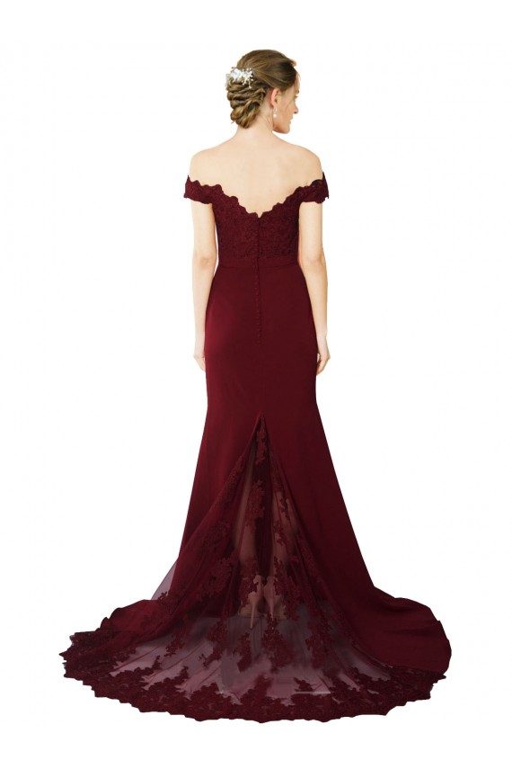 Outlet Sleeveless Stretch Crepe & Lace V-Back Mermaid Burgundy Gold Evening Dress Canada