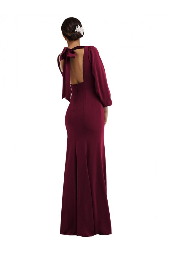 Outlet Long Sleeves Crepe Open Back Trumpet Burgundy Gold Evening Dress Canada