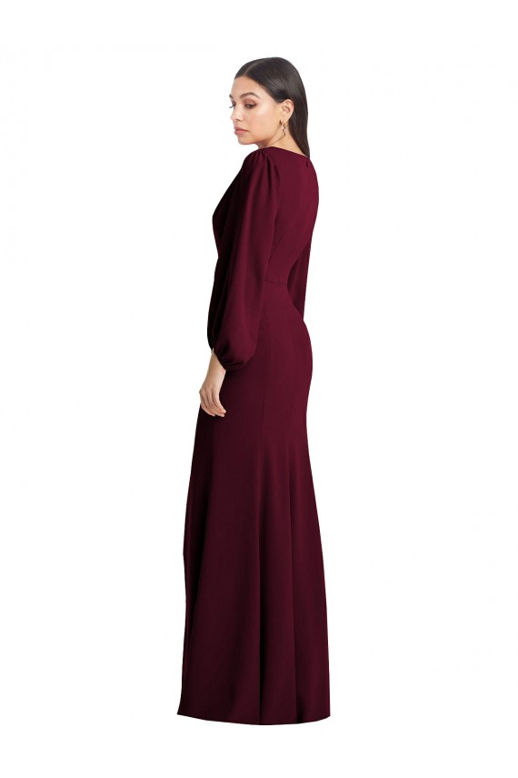 Outlet Puff Sleeves Stretch Crepe Trumpet Burgundy Gold Semi Formal Evening Dress Canada