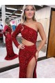 Outlet Long Sleeves Velvet Sequin Mermaid Burgundy High Slit Evening Dress Canada