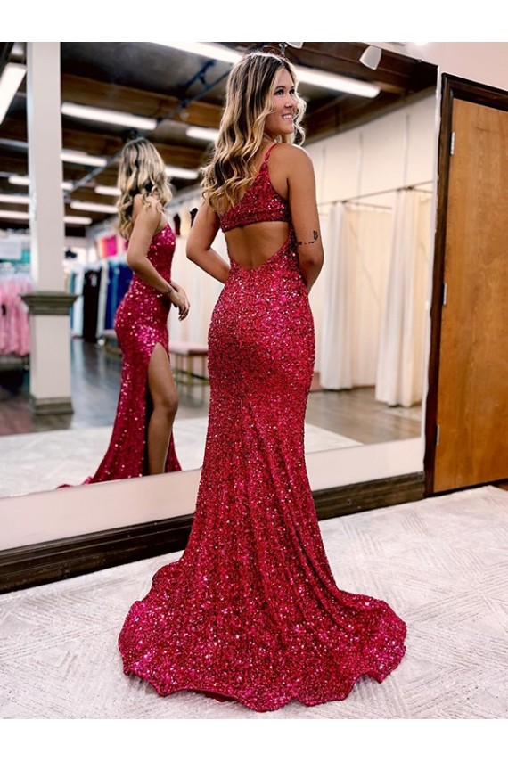 Outlet Sleeveless Velvet Sequin Mermaid Burgundy Evening Dress Canada