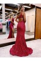 Outlet Sleeveless Velvet Sequin Mermaid Burgundy Evening Dress Canada