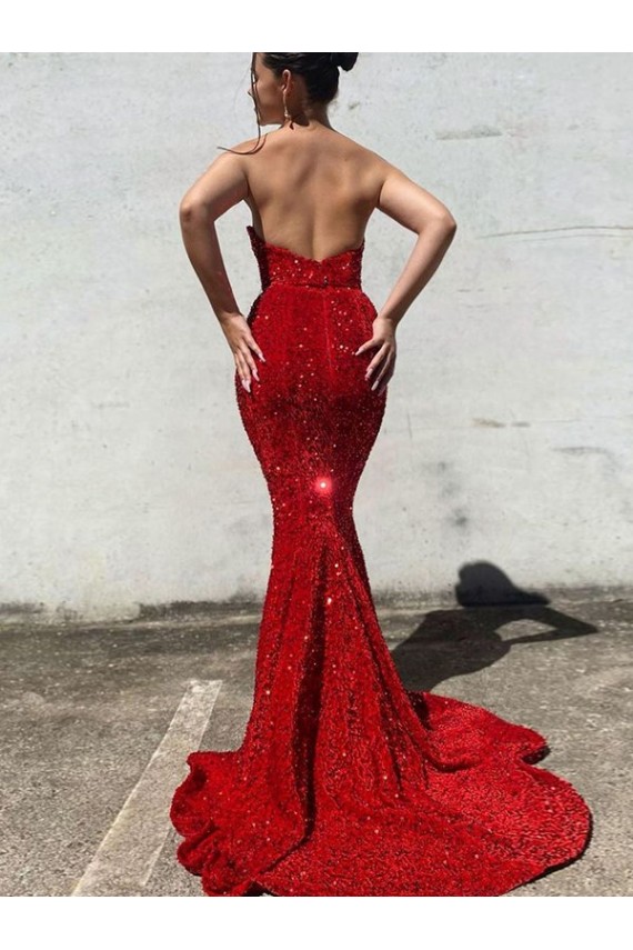 Outlet Sleeveless Velvet Sequin Mermaid Burgundy Sweetheart Evening Dress Canada