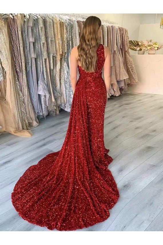Outlet Sleeveless Velvet Sequin Sheath Burgundy One Shoulder Evening Dress Canada