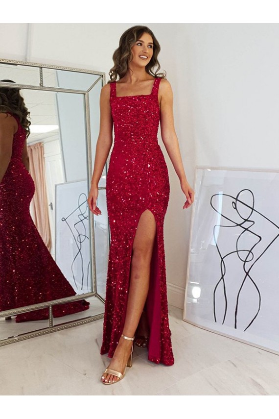 Outlet Sleeveless Velvet Sequin Sheath Burgundy Square Neck Evening Dress Canada