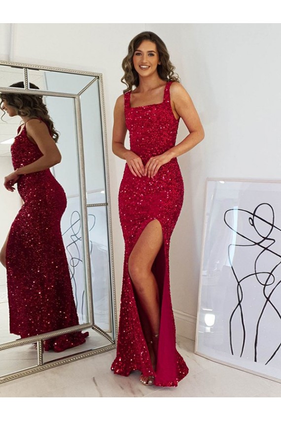 Outlet Sleeveless Velvet Sequin Sheath Burgundy Square Neck Evening Dress Canada