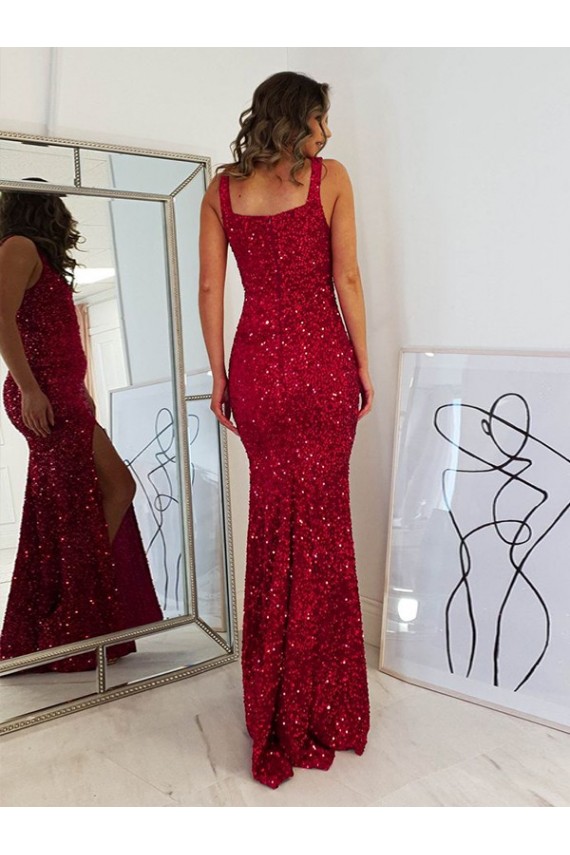 Outlet Sleeveless Velvet Sequin Sheath Burgundy Square Neck Evening Dress Canada