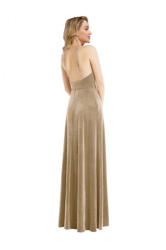 Outlet Sleeveless Stretch Velvet Open Back A-Line Champagne Maxi Evening Dress Canada