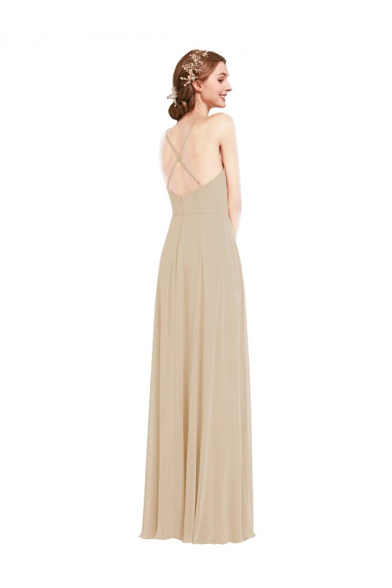 Outlet Sleeveless Soft Chiffon Criss Cross Back A-Line Champagne Maxi Evening Dress Canada